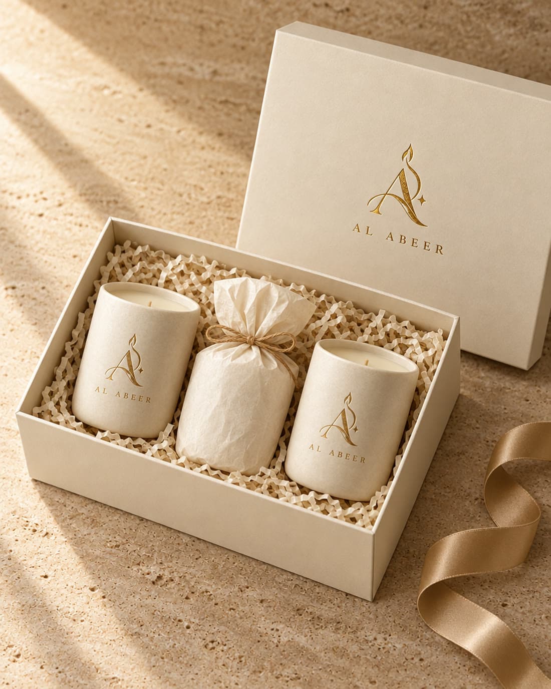 An open gift box holding two candles and a wrapped refill