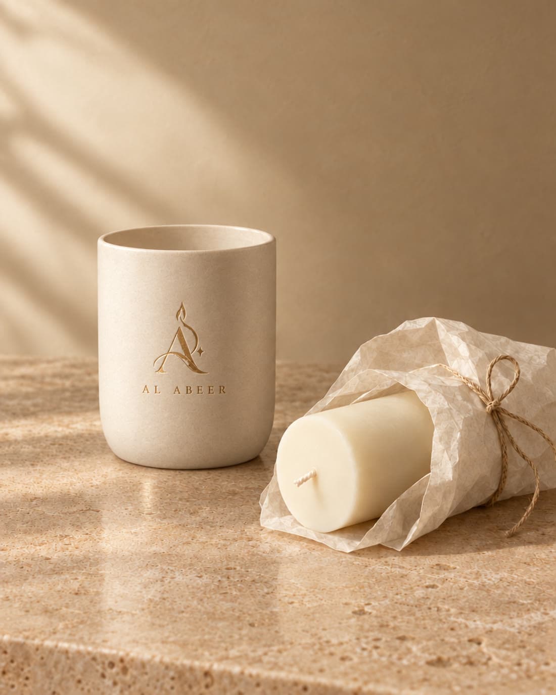 An empty candle vessel beside a wrapped wax refill